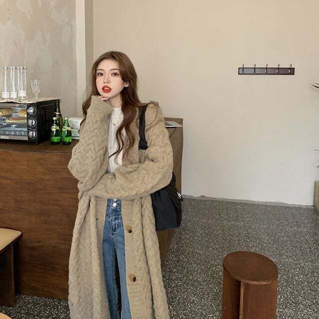 오너클랜 트리플컬러 우먼 데일리 트위스트 V라인 뜨개탑 클래식롱카디건