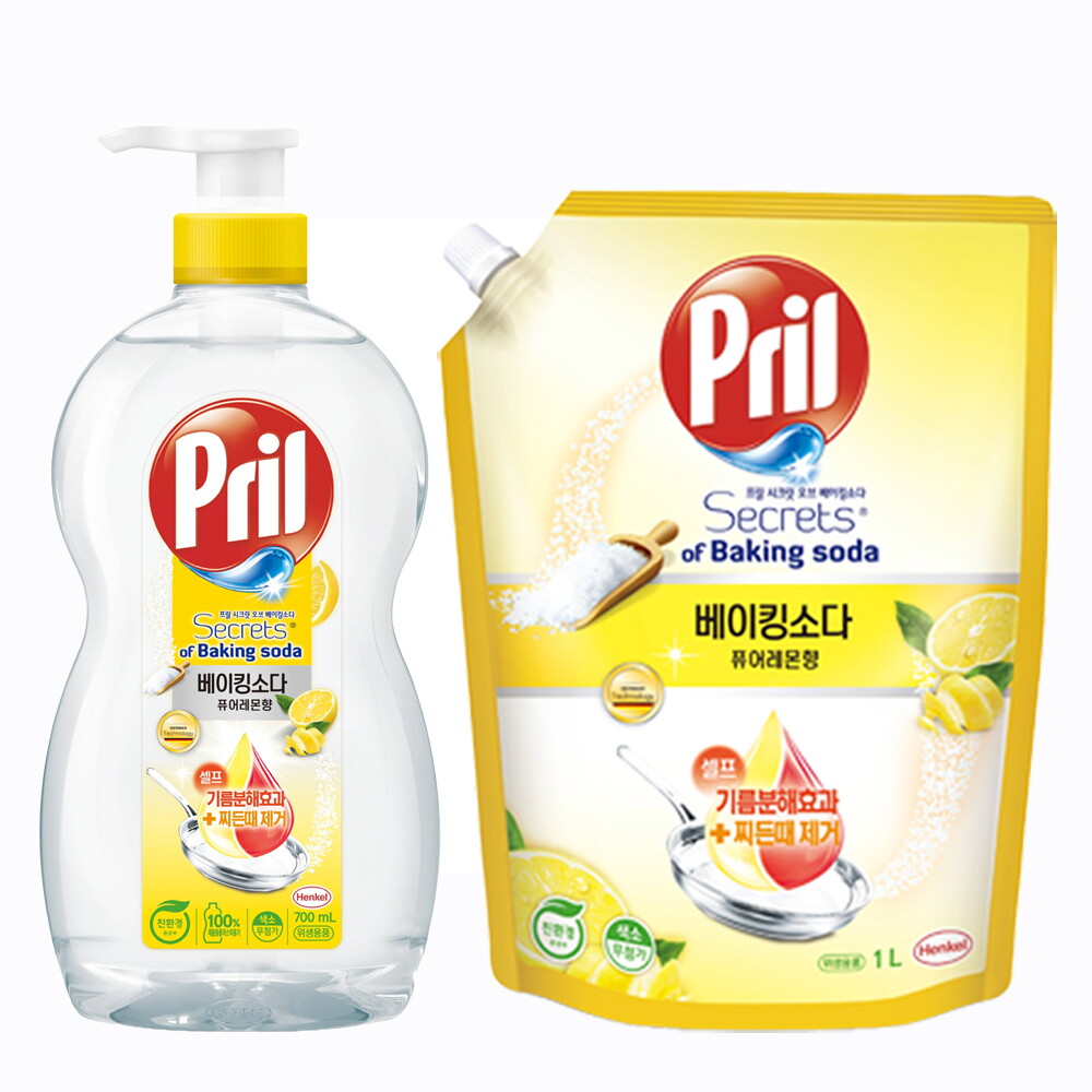 프릴 헨켈 프릴 Pril 베이킹소다 주방세제 - 퓨어레몬 향 700ml 용기X1개+1L 리필X1개 / 설거지 찌든때 세제