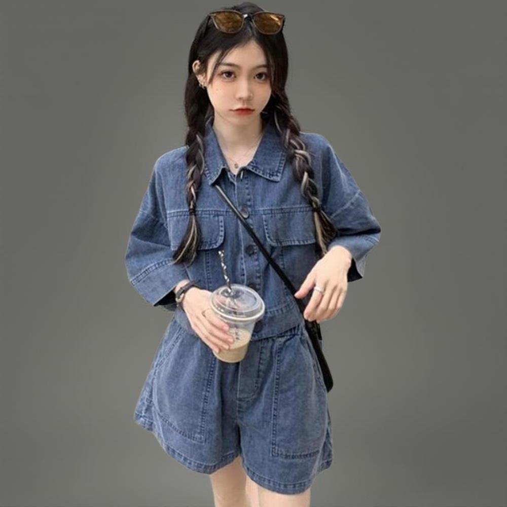 기타 (패플) [미라클세븐]여성 키치 스타일 청 포켓 반팔 셔츠 하이웨이스트 반바지 세트