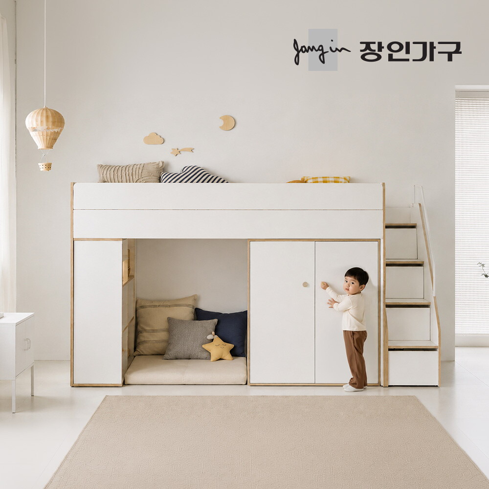 장인가구 (무료배송) 도담 어린이 높은 2층 수납 벙커침대 책장+옷장형 침대프레임 SS (수납계단)