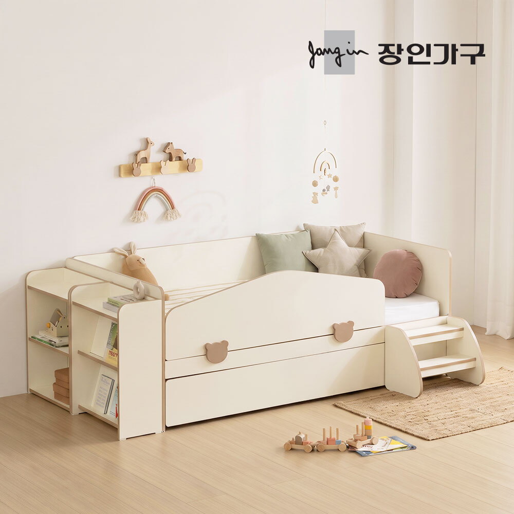 장인가구 (무료배송) 로빈 데이베드 슬라이드 2단침대 프레임SS+가드+선반2+스텝스툴+낮은본넬+본넬