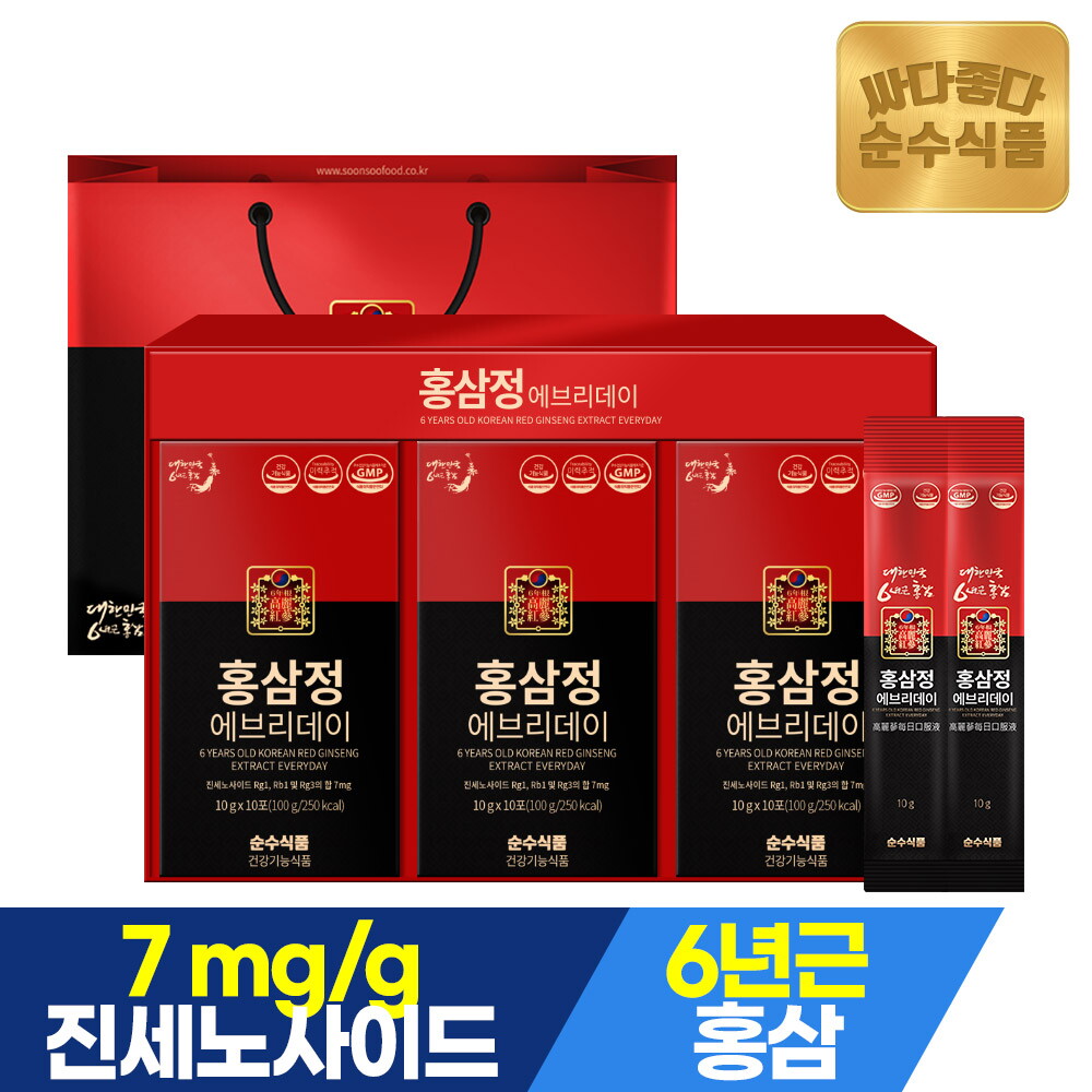 순수식품 6년근 홍삼정 진액 홍삼 스틱 1박스(30포) + 전용쇼핑백 / 진세노사이드 7mg