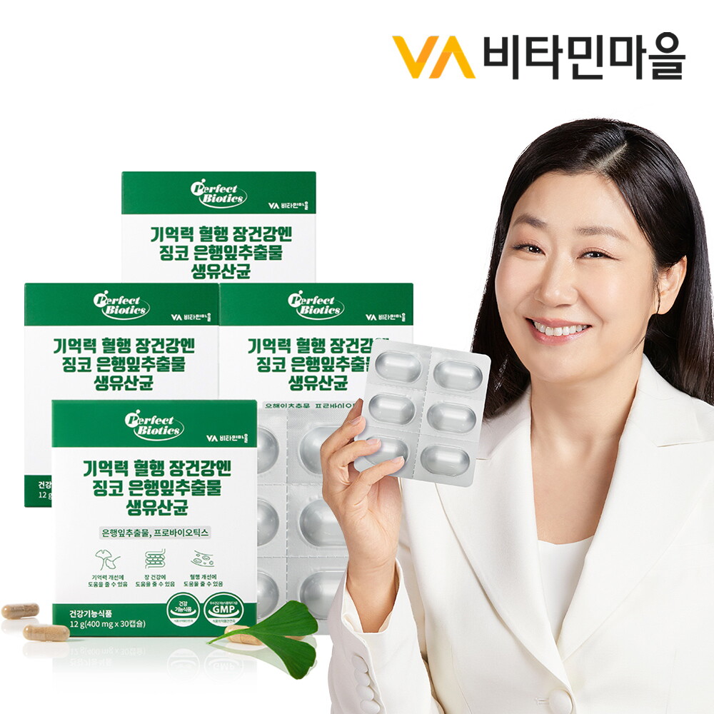 비타민마을 (120캡슐) 기억력 혈행 장건강엔 징코 은행잎추출물 생유산균 (생균보호 ALUALU포장) 4박스