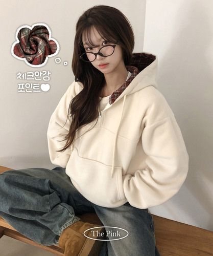 더핑크 더핑크 / 라칸 루즈핏 후리스 반집업 체크 후드 맨투맨