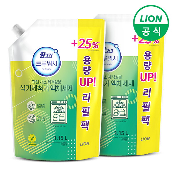 라이온코리아 참그린 트루워시 식기세척기 세제 1.15L 리필형 2개 린스 성분 구연산소다 함유 비건인증