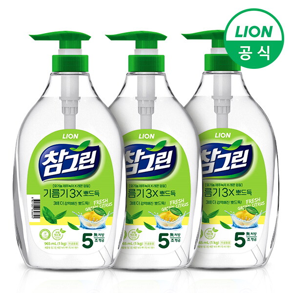 라이온코리아 참그린 녹차 기름기 뽀드득 주방세제 1kg용기(펌프) 3개