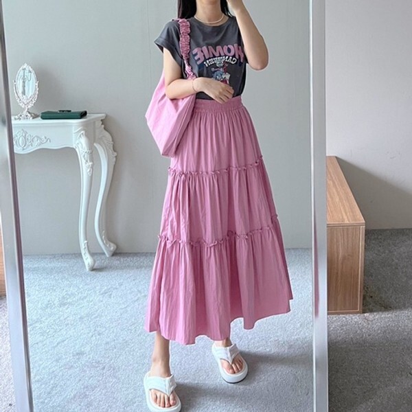 엘린무드 [하프클럽/엘린무드](상하의 가방세트) 주피터 티셔츠 캉캉 롱 밴딩 바스락 스커트 가방 쓰리피스 셋업 데일리 귀여운 세트(2color)