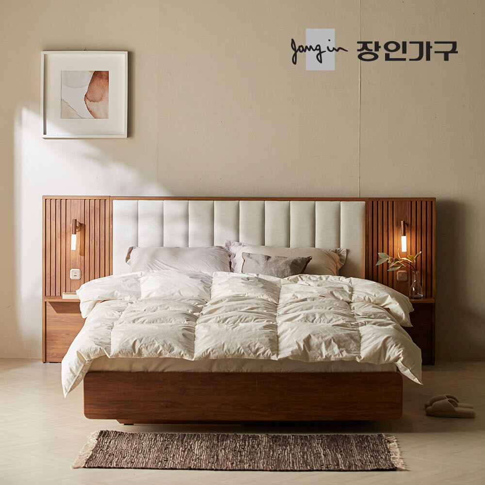 장인가구 (무료배송) 로시 패브릭 템바보드 호텔식 수납 침대 Q 협탁1+본넬