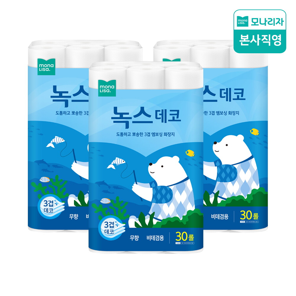 모나리자 모나리자 녹스 데코 30M 30롤 3팩 (총 90롤) 화장지 휴지 두루마리 롤화장지