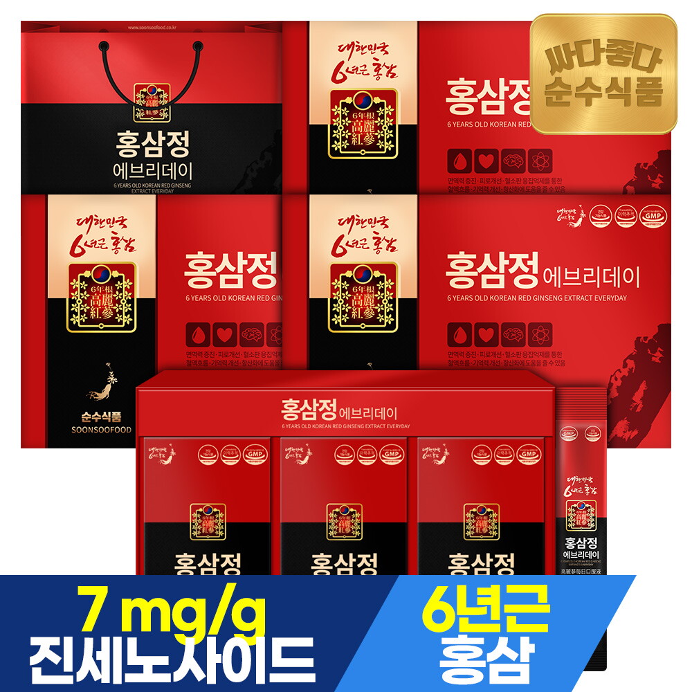 순수식품 6년근 홍삼정 진액 홍삼 스틱 4박스(120포) + 전용쇼핑백 / 진세노사이드 7mg