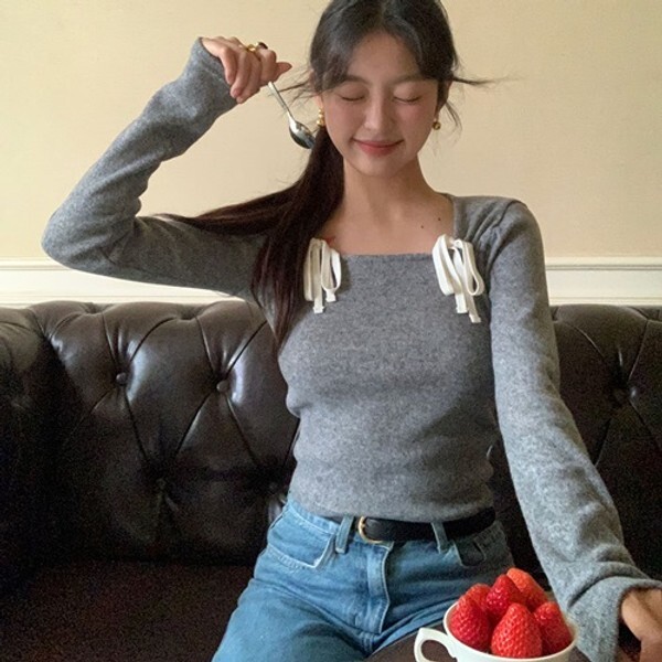 르뚜앙 [하프클럽/르뚜앙]힐팡야 스퀘어넥 봄 리본니트 가을 그레이 화이트 크롭 니트탑 하객룩