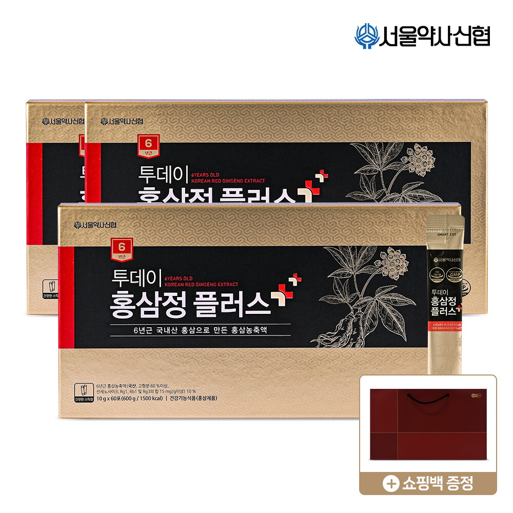 서울약사신협(백) (진세노사이드 15mg) 6년근 투데이 홍삼정 플러스 스틱 10g 60포 3세트+쇼핑백