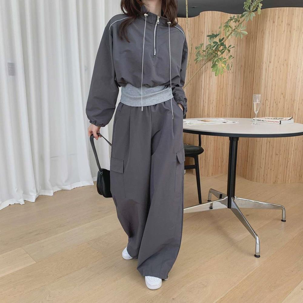 기타 (패플) [미라클세븐]여성 크롭 반집업 아노락과 와이드 팬츠 세트