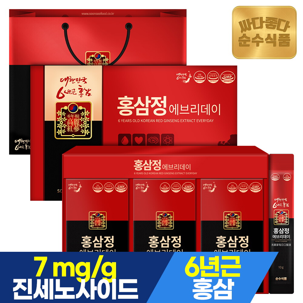 순수식품 6년근 홍삼정 진액 홍삼 스틱 2박스(60포) + 전용쇼핑백 / 진세노사이드 7mg