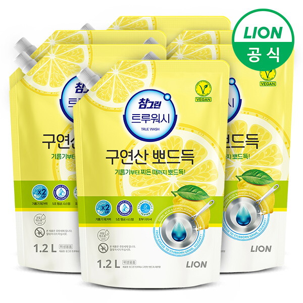 라이온코리아 참그린 구연산 뽀드득 레몬향 주방세제 1.2L 리필 6개