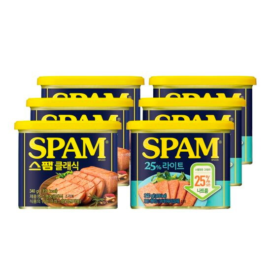 (CJ제일제당) 스팸 클래식 340G 3개 + 스팸 25프로 라이트 (마일드) 340G 3개 (총6개)