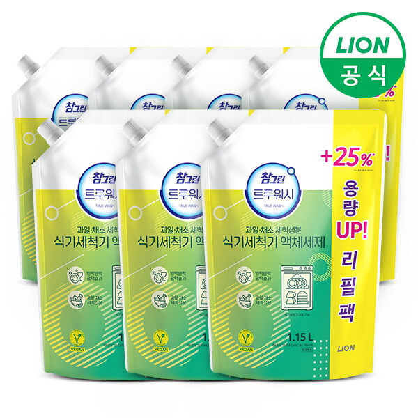 라이온코리아 참그린 트루워시 식기세척기 세제 1.15L 리필형 7개 린스 성분 구연산소다 함유 비건인증