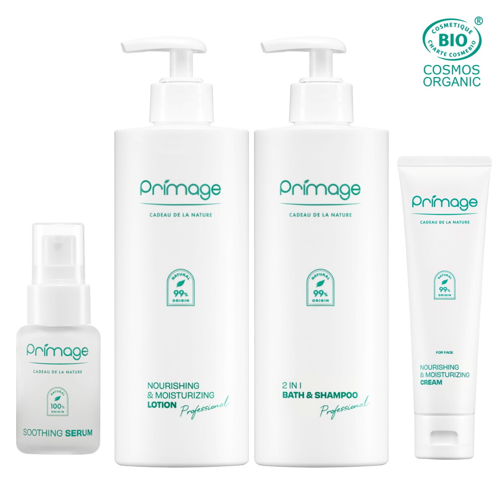 쁘리마쥬 쁘리마쥬 유기농 필수4종세트(바스앤샴푸 400ml + 로션 400ml + 세럼 30ml + 고보습크림 100ml)