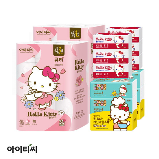 무료배송 헬로키티 3겹 구성 알뜰세트 (롤화장지 30롤 X 2개입+팝업티슈 110매 X 6개입+키친타올 100매입 X 6개입)