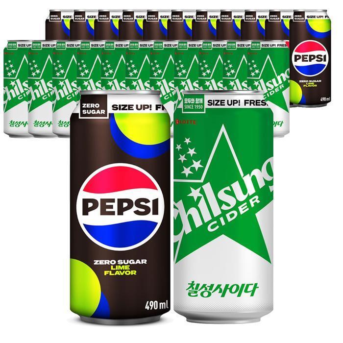 셀러허브 식품 펩시콜라 제로슈거 라임향 490ml 12캔 +칠성사이다 490ml 12캔