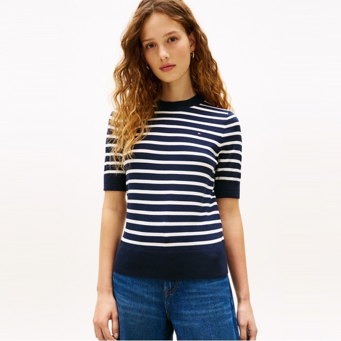 타미힐피거 여성 [공식] [타미힐피거] 코튼 저지 반팔 스웨터 (T22G1KTO065WT20A5)