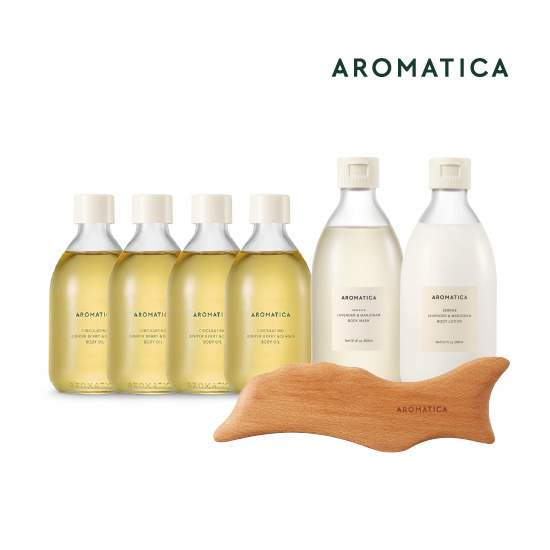 [아로마티카][최유라쇼★] 바디오일 패키지 (바디오일 100ml * 4 + 서렌 바디워시 300ml + 서렌 바디로션 300ml + 나무 돌고래 괄사)