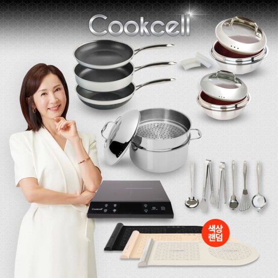 [쿡셀]블랙큐브 더블코팅 IH 스텐 프라이팬 풀세트 (28팬 3종+인덕션+9L 곰솥+16가마솥+22가마솥+푸드워머+키친툴 6종)