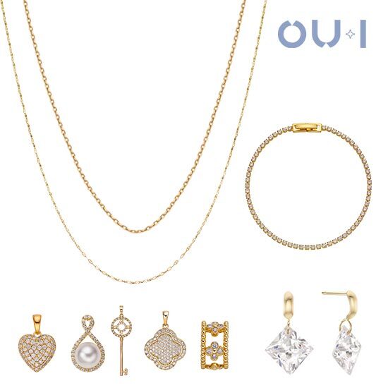 [오유아이]OUI 18K 골드 트윙클체인 목걸이 + 18K 골드 프린세스 귀걸이 + 45cm 체인목걸이 + 테니스팔찌 + 참 5종 (총 9종)