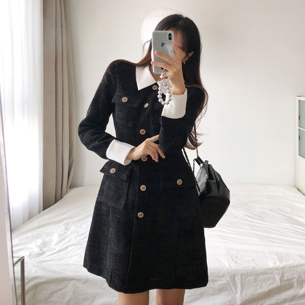 드레스날다 [드레스날다]흐로닝언 포켓 배색 A라인 트위드 미니 원피스