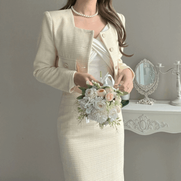 엘린무드 [하프클럽/엘린무드](세트)  로한 트위드 크롭 숏 긴팔 어깨패드 자켓 H라인 미디 롱 스커트 봄 세트 투피스(2COLOR)