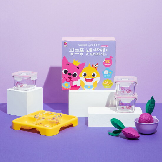 [글라스락]글라스락 베이비 핑크퐁 눈금 이유식 사면결착캡 4개 & 트레이 세트