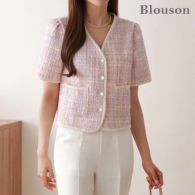 블루종 [한정수량/특가][블루종] 컬러배색 트위드 반팔 자켓_B2304JK603B_R_H