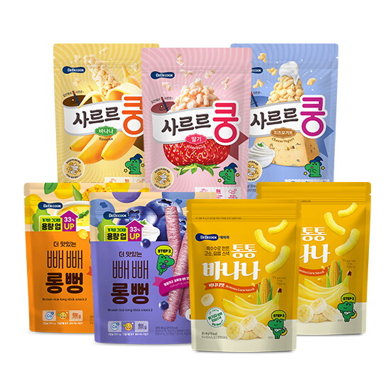 [베베쿡][비밀 혜택] 더 맛있는 과자세트(사르르쿵 3종 각 1봉+통통바나나 2봉+더맛있는 빼빼롱뻥 2봉)