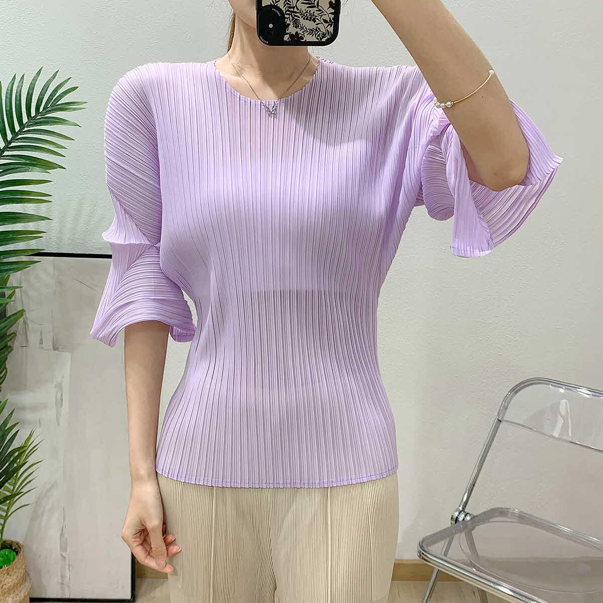 플라라 플라라 (88까지)플리츠6부유니크슬리브블라우스