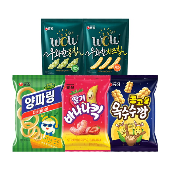 [농심]딸기 바나나킥 2봉 + 콩고물 옥수수깡 2봉 + 양파링 2봉 + 우와한 콩칩 1봉 + 치즈칩 1봉