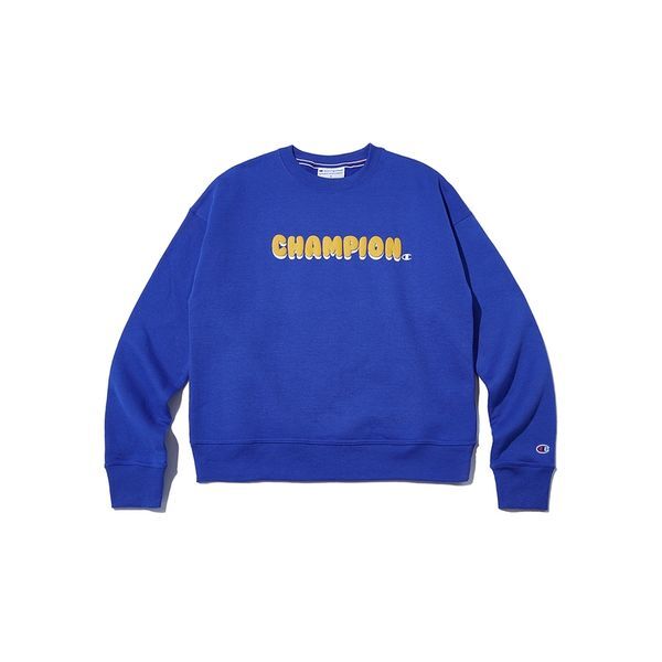 챔피온 [하프클럽/챔피온]Champion 여성 9oz. POWERBLEND 기모 버블 스크립트 스웨트셔츠 블루 CKTS2F364B2