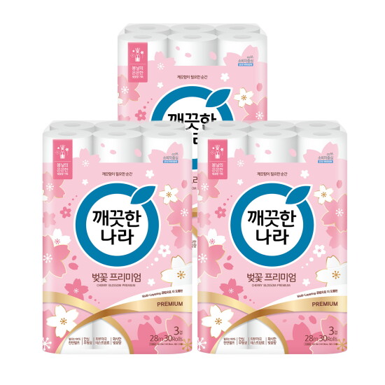 [깨끗한나라]☆비밀특가☆ 깨끗한나라 벚꽃 프리미엄 28m 30롤 x 3팩