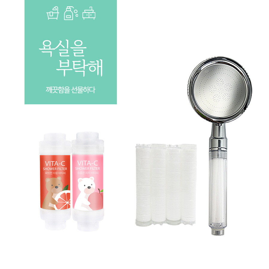 필터테크 크린초이스 샤워기 + 리필필터 4개입 + 비타씨 샤워필터 3종 세트 - 잔류염소제거,녹물제거