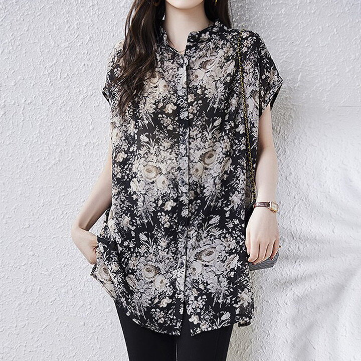 (주)이엠패밀리협력사/(주)이엠패밀리협력사 기타 (패플) [퀸이즈][퀸이즈] [110까지]덴바 오버핏 캡소매 플라워 나염 블라우스