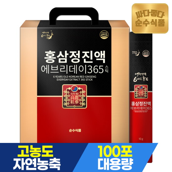 [순수식품][100포]6년근 홍삼정 진액 에브리데이 365 실속형 100포 x 1박스 / 국내산 홍삼 농축액 스틱