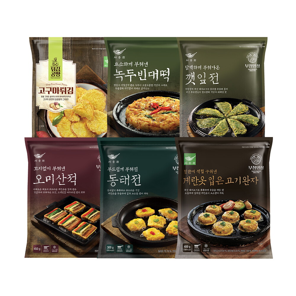 사옹원 사옹원 명절 필수 전 튀김 세트 (녹두빈대떡 400g+계란옷고기완자 400g+동태전 300g+오미산적 450g+깻잎전 400g+고구마튀김 350g / 각 1개)