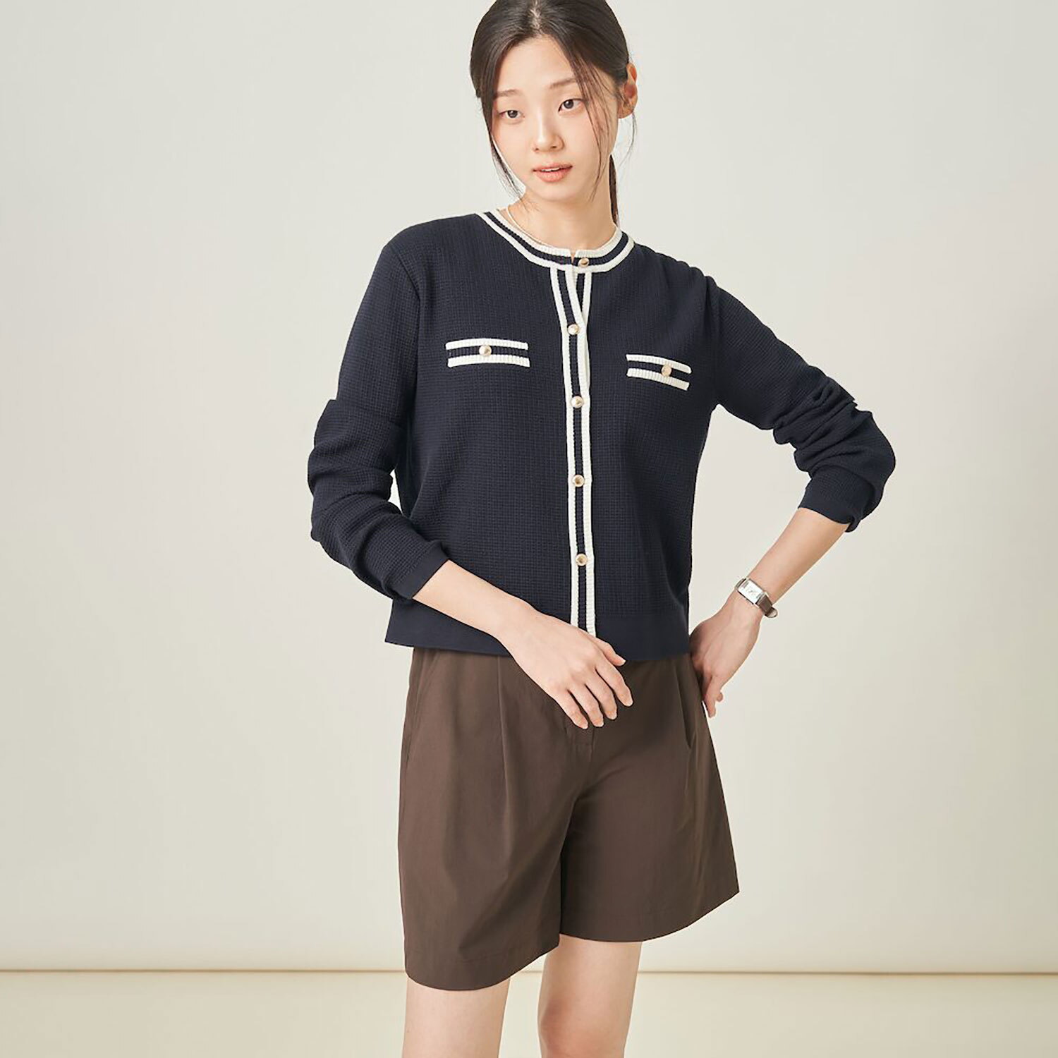 빈폴레이디스(상반기) 트위드 배색 라운드넥 카디건  네이비 BF585AC02R