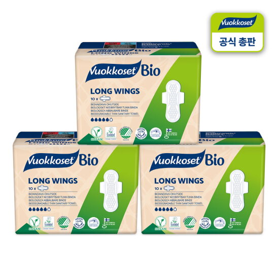 [뷰코셋]뷰코셋 순면 유기농생리대 대형생리대 롱윙 3팩  비건인증 EU에코라벨 더마테스트 생분해 녹말 면