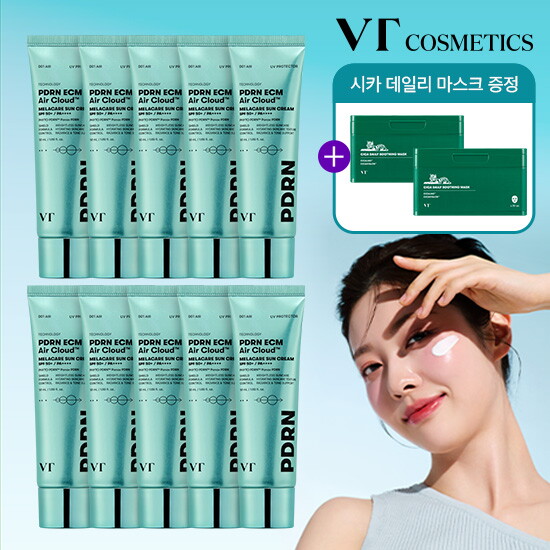 [브이티]★최초공개★ VT PDRN ECM  에어클라우드 멜라케어 선크림 매니아패키지 (50ml  * 10통 + 데일리 수딩 마스크 60매)