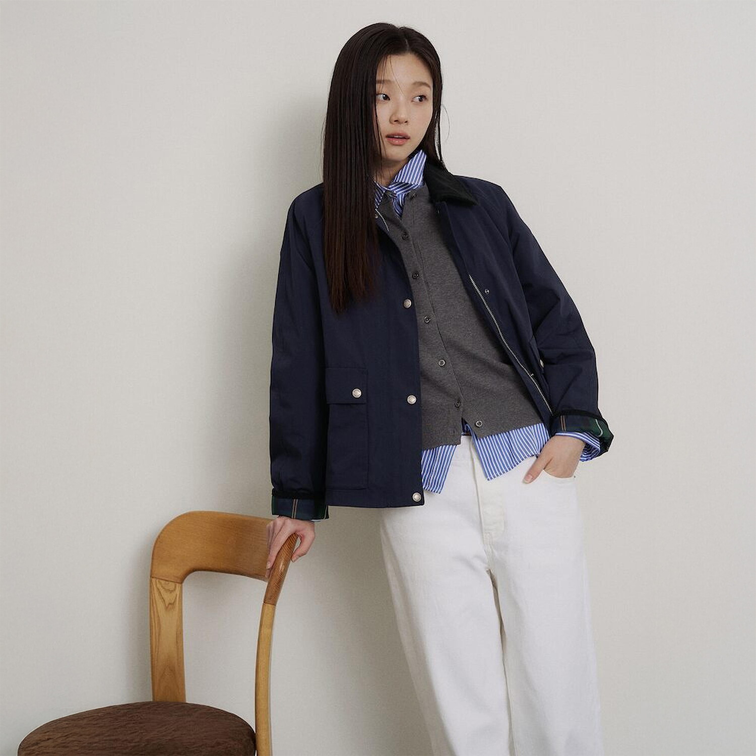 상세참조 빈폴레이디스(상반기) 폴리 혼방 헌팅점퍼  네이비 BF6239C01R