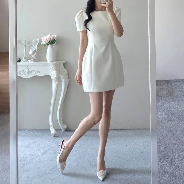 엘린무드 [하프클럽/엘린무드]앤지 퍼프 미니 몸매보정 반팔 원피스(2COLOR)