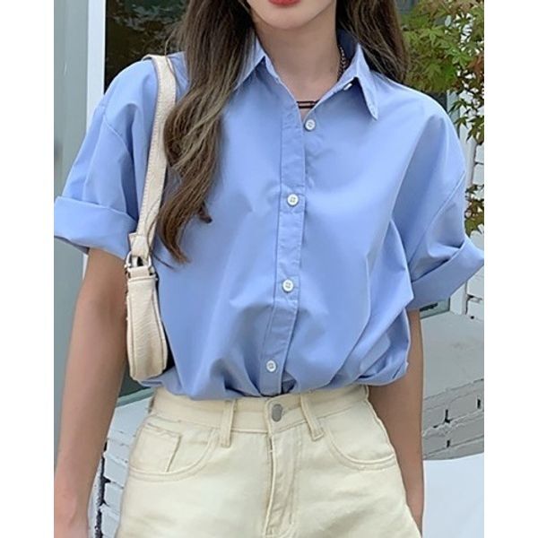 메이비누스 [하프클럽/메이비누스]데일리 기본 반팔 셔츠 블루 흰색 남방 면남방