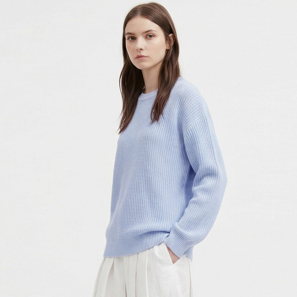 샵앤 [샵앤] 국산 여성 라운드 루즈핏 하찌 니트 티셔츠 INT-WKN-21171-스카이