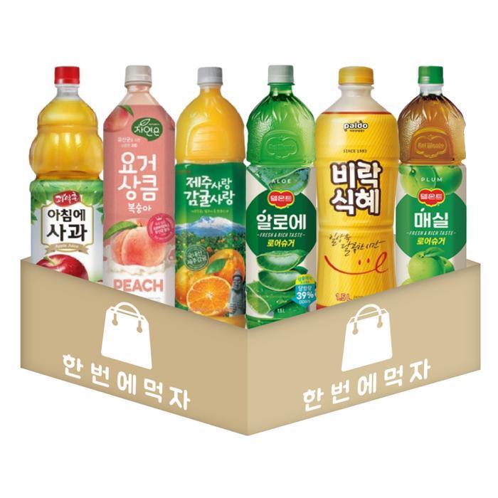 셀러허브 식품 [한번에먹자] 1.5L 6종 / 아침에사과+요거상큼 복숭아+비락식혜+델몬트 알로에+제주감귤+델몬트