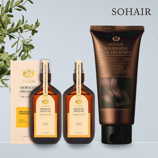 [쏘헤어][단독] 쏘헤어 모로코 아르간 오일 프리미엄 헤어 에센스 100ml 2개 + 너리싱 아르간 탈모 마스크 트리트먼트 320g 1개